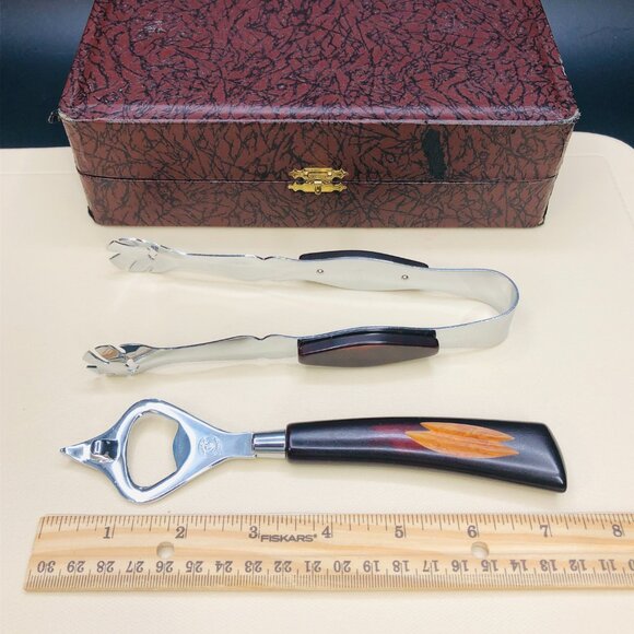 60s Glo Hill Barmates Bar Tools Box Set - Bottle Opener- Ice Tongs MCM Bakelite - Picture 7 of 13